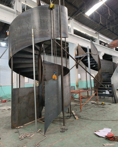 Full factory trial assembly of a custom floating staircase before packing